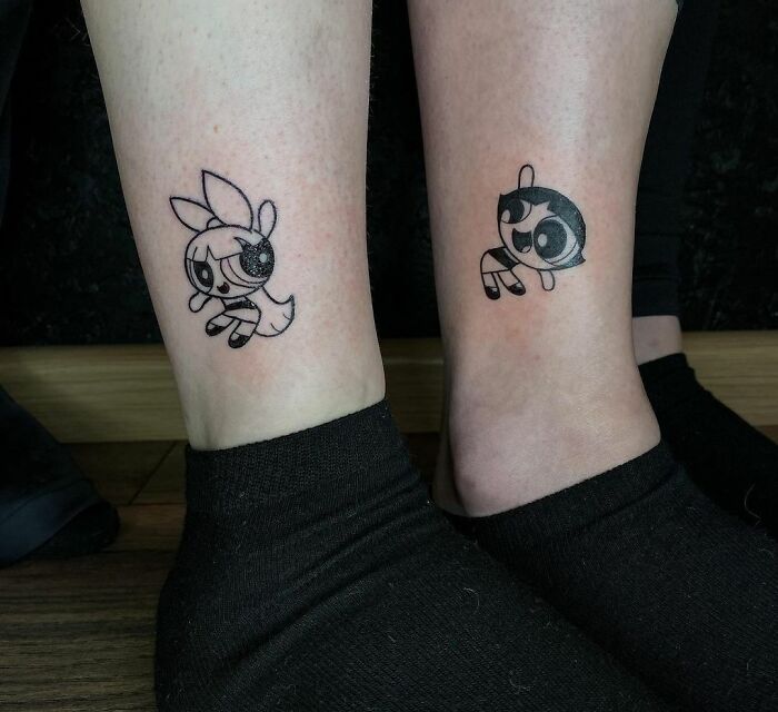 BFF tattoo ideas featuring Powerpuff Girls characters on legs.