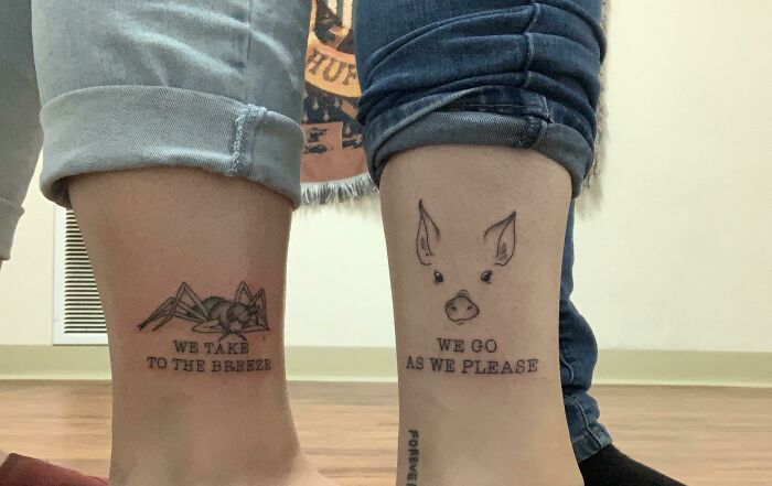 Matching BFF tattoos on legs with insect and pig designs, showcasing friendship and fun coordination.