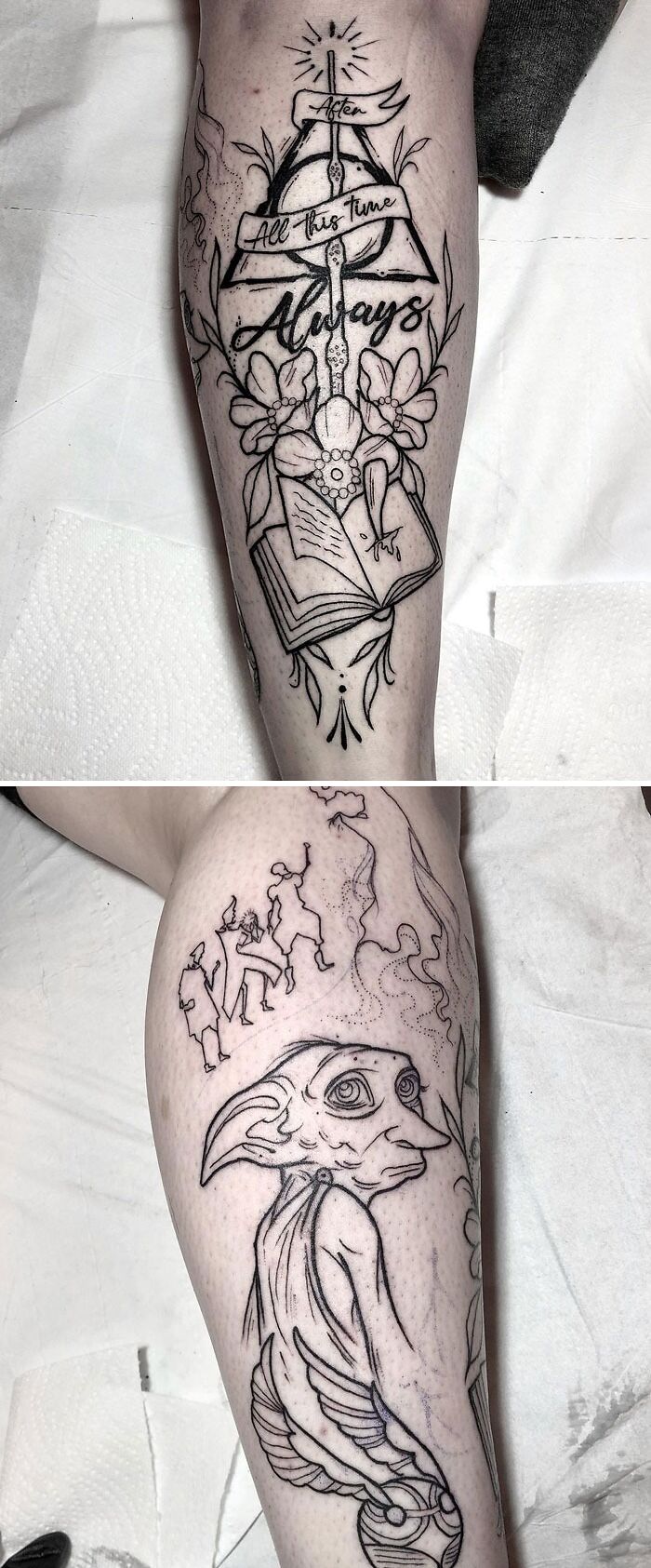 Calf tattoo featuring detailed line art, book, flowers, and a creature design showcasing unique ink ideas.