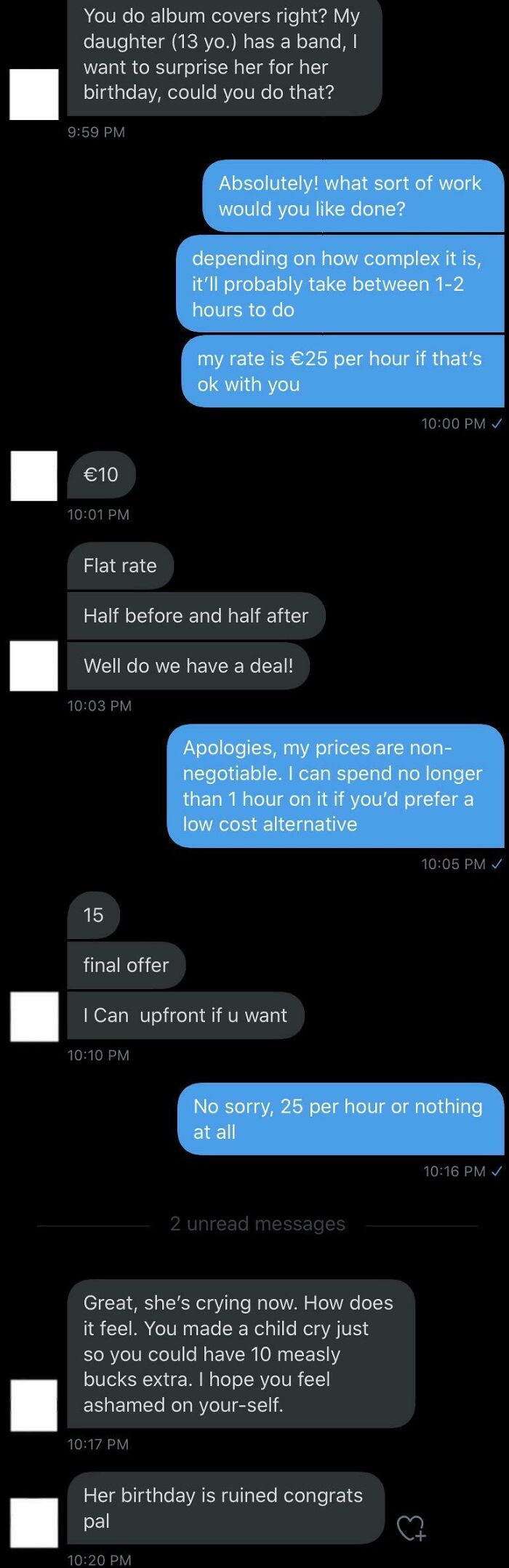 Text message exchange showing spoiled people making ridiculous birthday requests and negotiating unfairly for album cover work