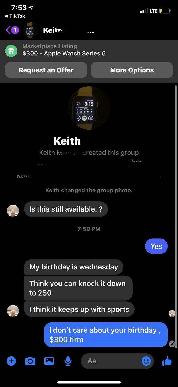 Screenshot of a buyer asking to lower the price for an Apple Watch because of their birthday, showing spoiled birthday request.