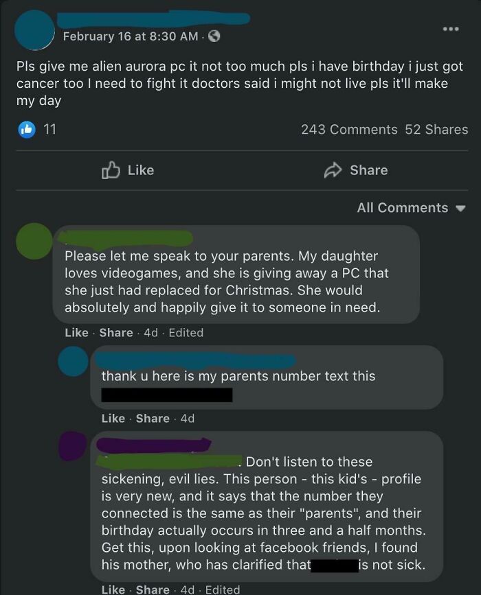 A Facebook post of a birthday request for an Alien Aurora PC followed by skeptical comments about the person's story.