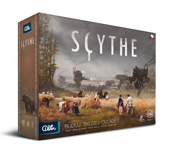 Strategy board game Scythe box featuring a rural scene with people working in a field and futuristic machines in the background.