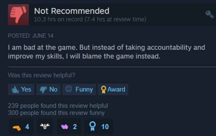 Customer review blaming the game instead of improving skills, illustrating bad reviews that backfired on businesses.