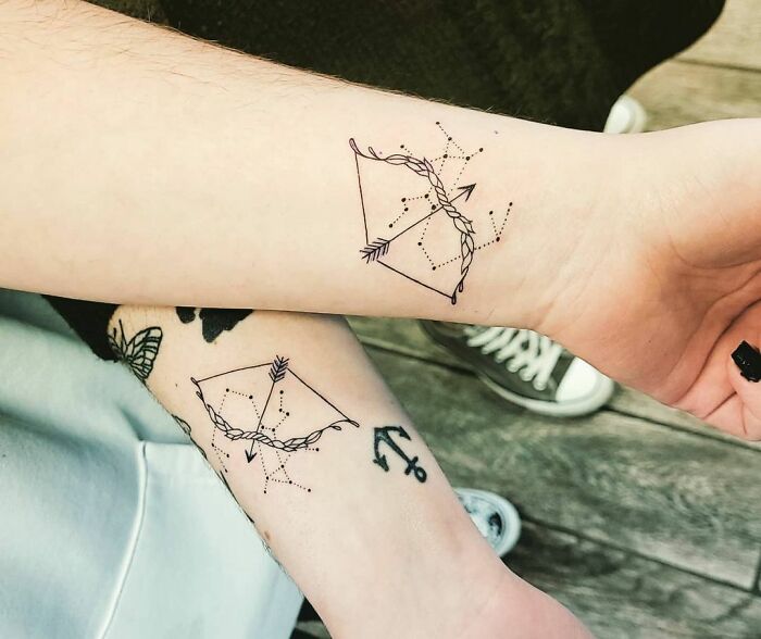 Matching geometric BFF tattoos on forearms, symbolizing friendship and connection.