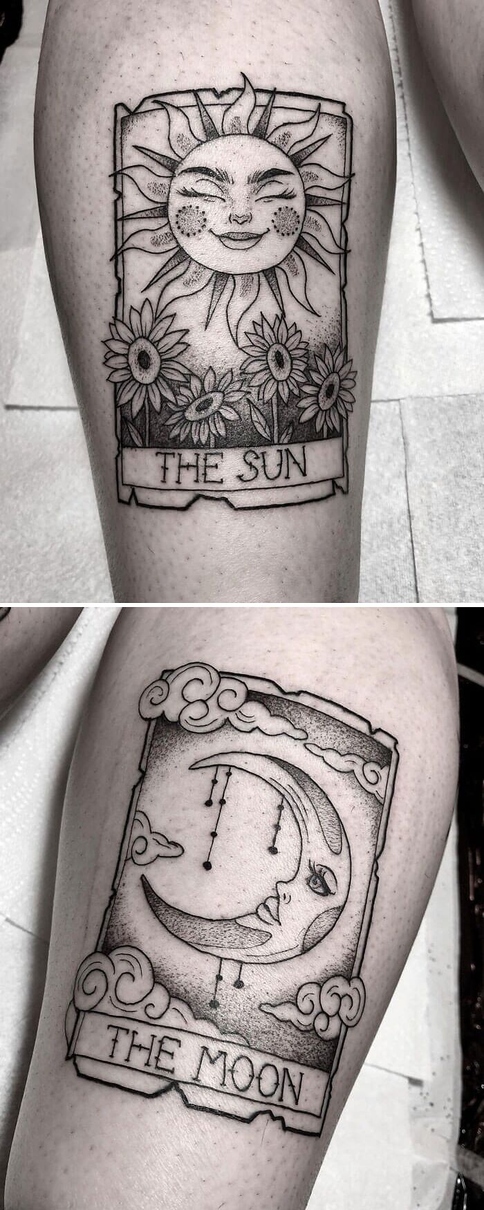 Lower leg tattoos of the sun and moon, featuring intricate line art designs.