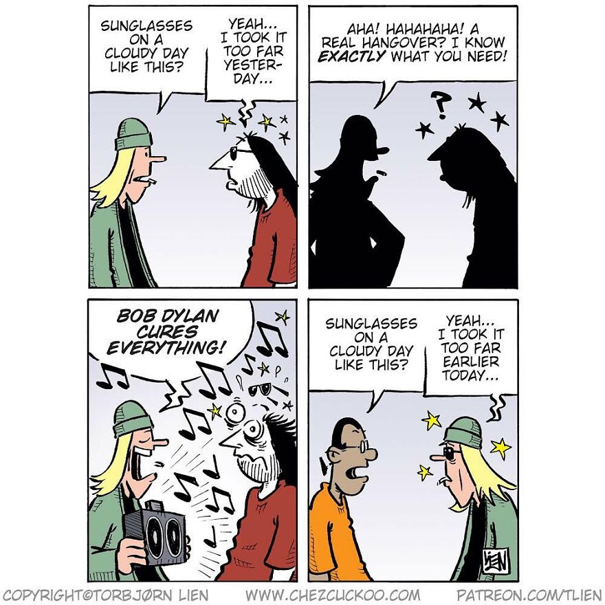 Norwegian artist's comic strip with characters discussing sunglasses, hangover remedies, and Bob Dylan, featuring humor.