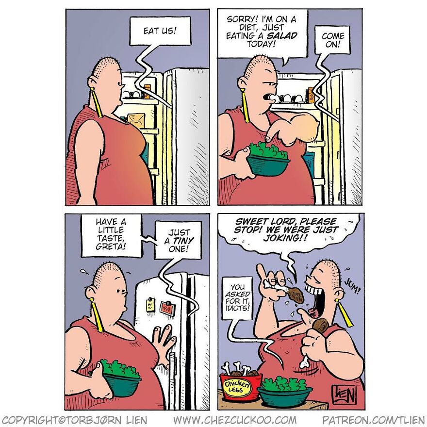 Norwegian artist comic featuring a woman eating salad and chicken legs with a funny and unexpected twist.