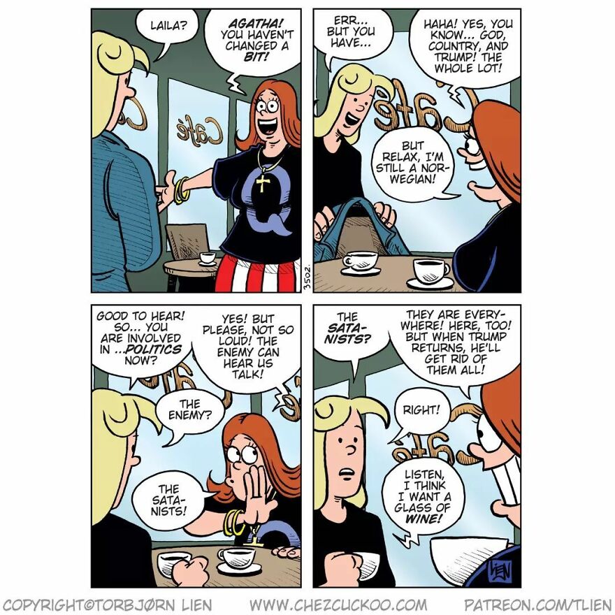 Norwegian artist comic strip showing a humorous conversation between two characters in a café, with an unexpected twist.