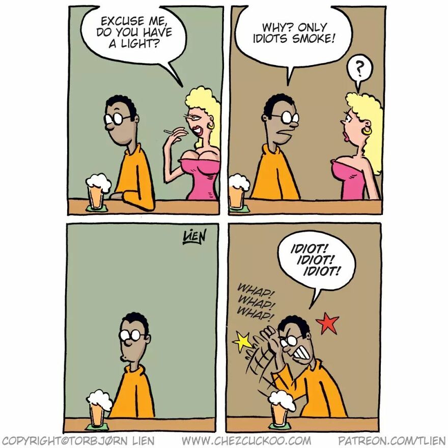 Norwegian artist's comic with a funny, unexpected ending about smoking and a misunderstanding at a bar.