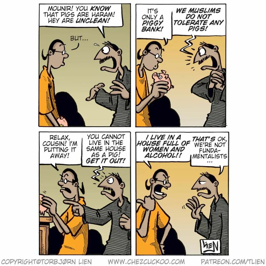 Norwegian artist comic strip with two men discussing a piggy bank and unexpected cultural differences.