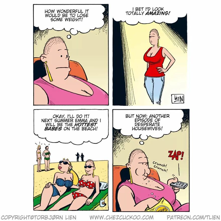 Norwegian artist's comic strip with funny and unexpected ending about weight loss motivation and reality.