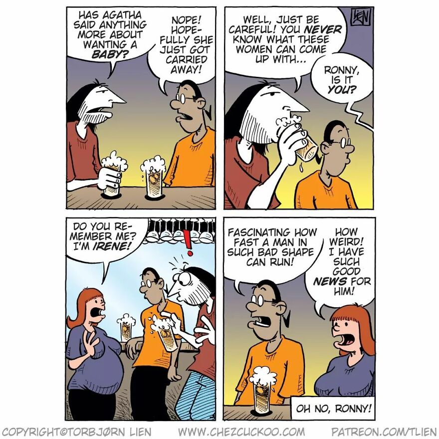 Norwegian artist's comic strip with unexpected ending, featuring characters discussing a surprise pregnancy.