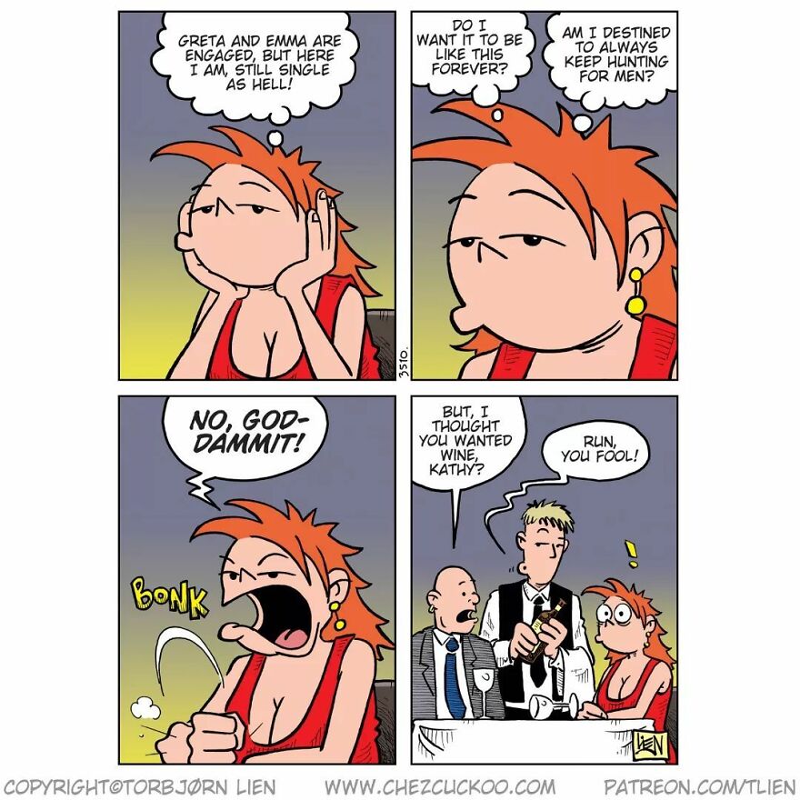 A Norwegian artist's comic strip shows a character frustrated about single life with a humorous twist at dinner.