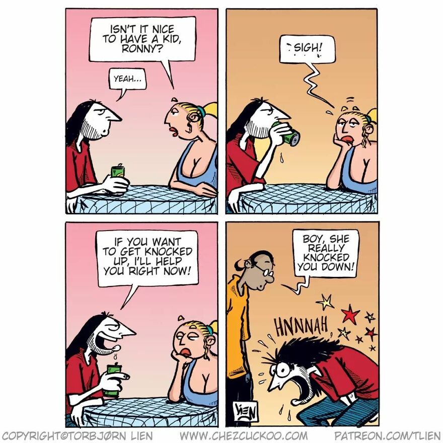 Norwegian artist's comic strip with unexpected ending featuring two characters at a table discussing kids.