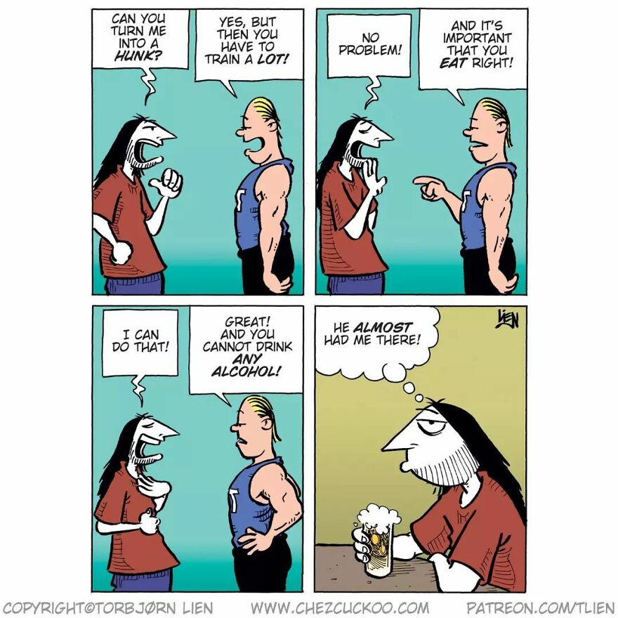 Comic strip by Norwegian artist showing a funny and unexpected ending about fitness and avoiding alcohol.