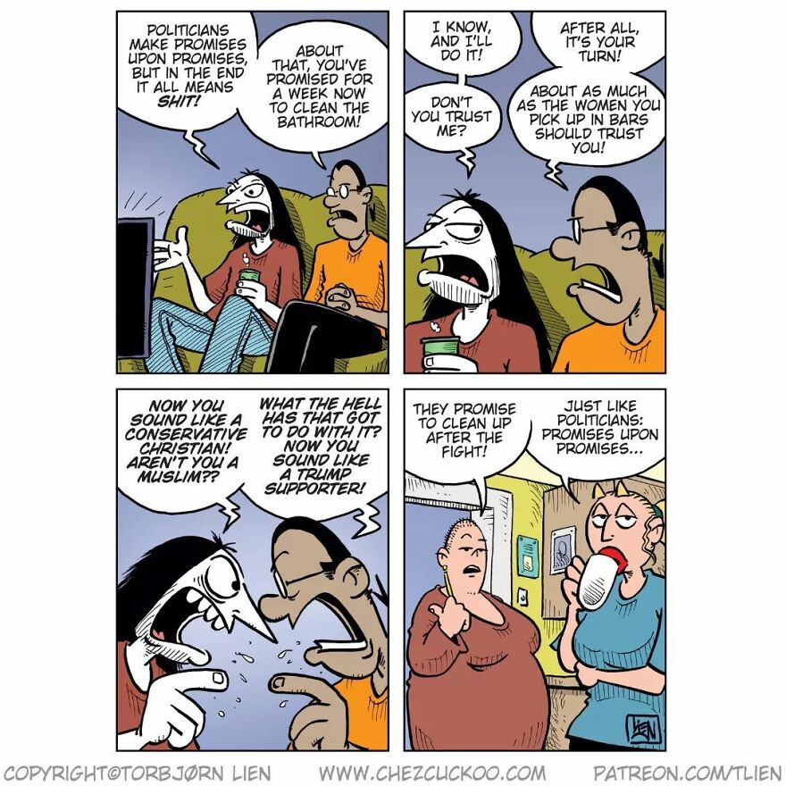 Comic strip by a Norwegian artist featuring a humorous debate on broken promises and unexpected endings.