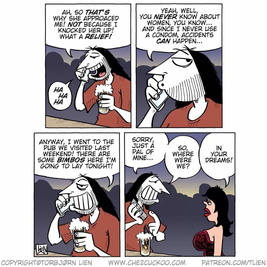 Norwegian comic strip with humorous, unexpected ending; a man boasts at a bar, gets a surprising response from a woman.