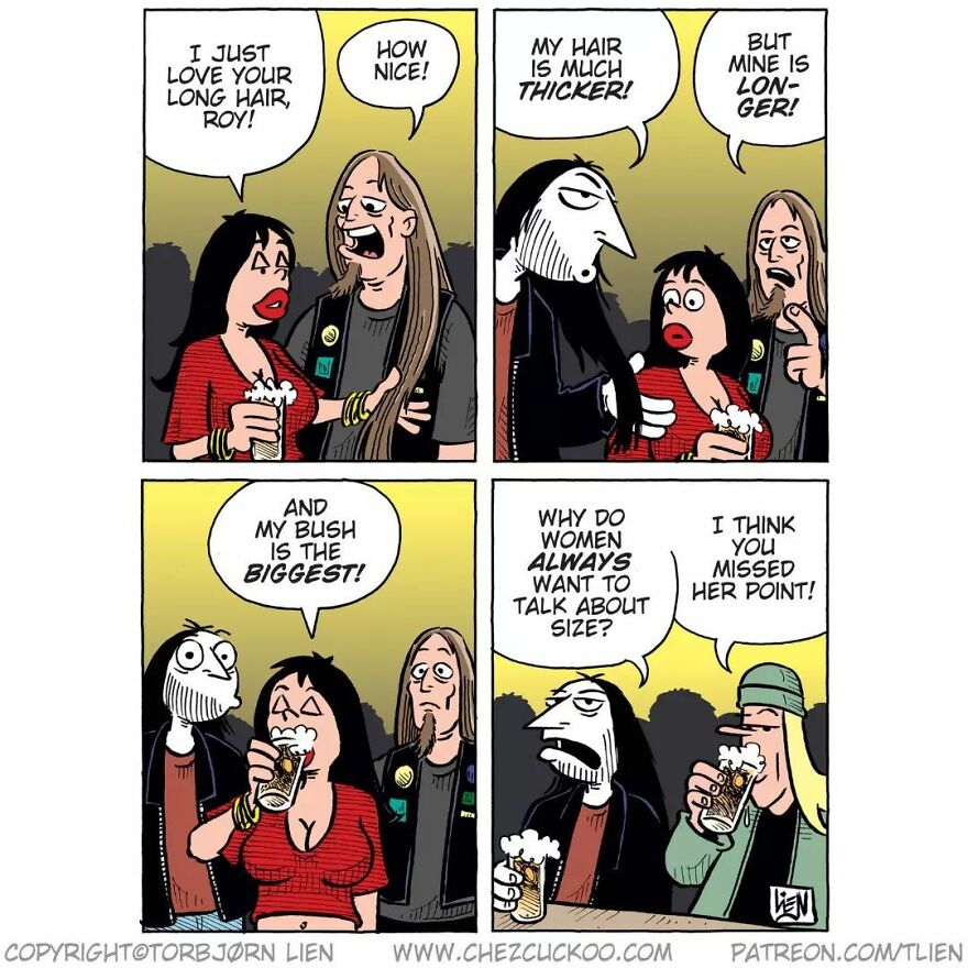 Comic strip by Norwegian artist showing a humorous dialogue with unexpected ending.