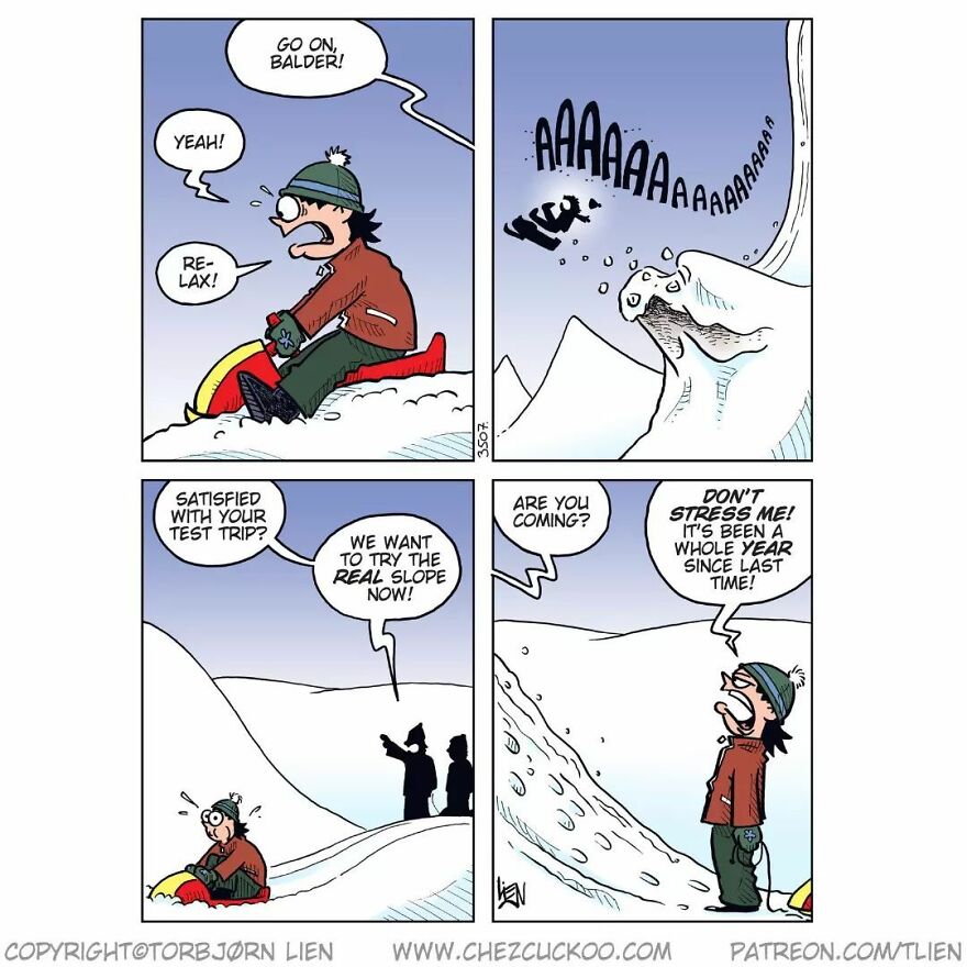 Norwegian artist comic strip with humorous and unexpected ending, featuring sledding adventure on a snowy slope.