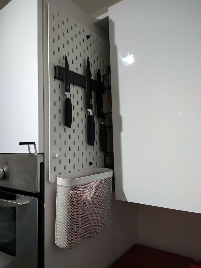 Had A Gap Between Our Kitchen Cupboards And Larder Unit, Put A Skadis Board On Some Drawer Runners To Make A Pull-Out Knife Rack/Spice Rack