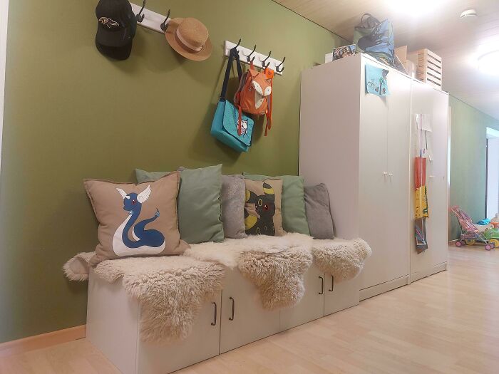 I Moved Into A House With Lower Ceilings So I Repurposed My Pax Wardrobe Cabinets That Used To Be On The Top Of My Wardrobes Into A Bench And Put Two Kleppstad Side By Side. The Pax Cubby Is Really Sturdy And The Doors Open Without Damaging The Floor