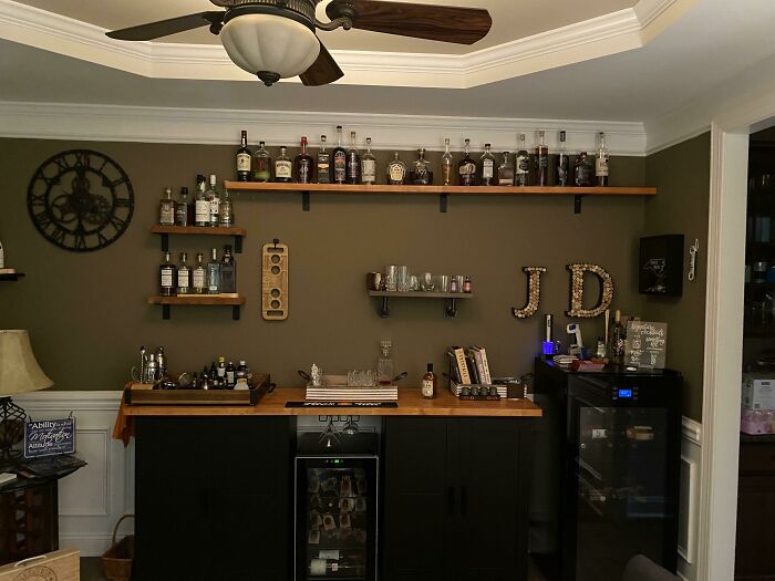 Built A Home Bar. Two Black IKEA Brimnes Cabinets, A Butcher Block, And Some Brackets (From Amazon) For The Shelves