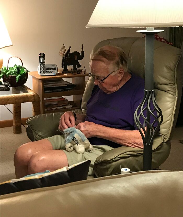 My 90-Year-Old Grandpa Is Sewing The Holes My Dog Made In Her Favorite Toy