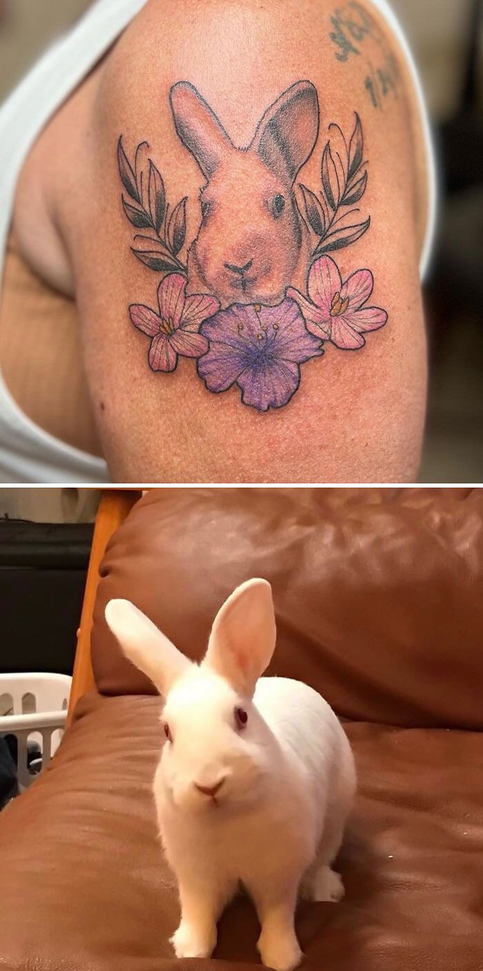 Rabbit tattoo with flowers on an arm, alongside a real white rabbit on a brown couch, showcasing animal tattoo inspiration.