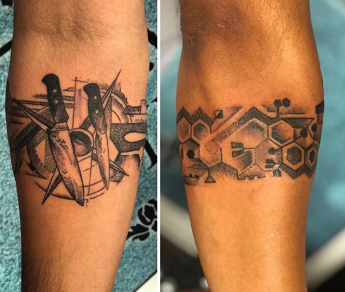Two unique armband tattoos featuring abstract geometric designs and knife motifs on forearms.