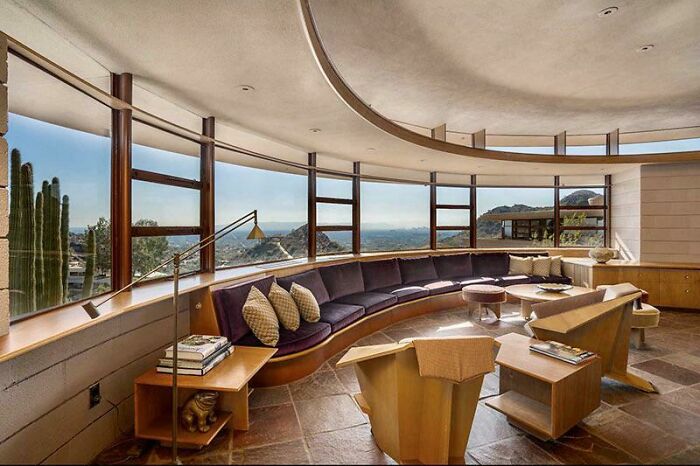 Panoramic Interior View. Norman Lykes House. Phoenix, Arizona. Frank Lloyd Wright. (1959)