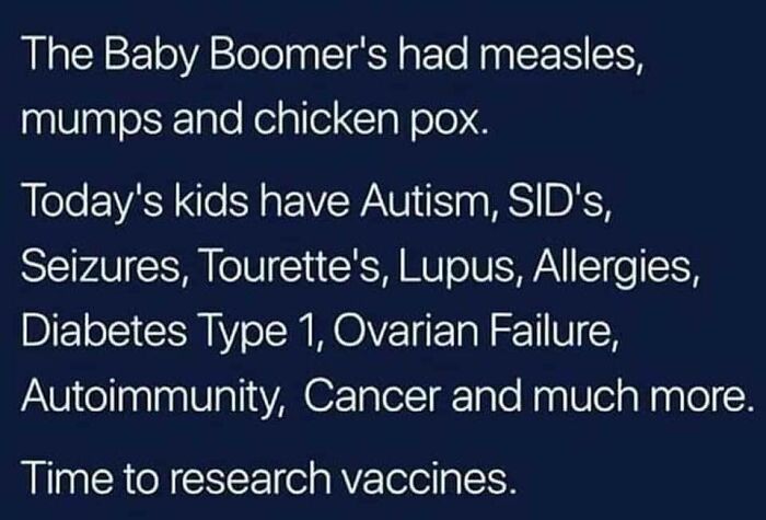 Text post questioning vaccine safety by comparing Baby Boomers' diseases to modern childhood illnesses, calling out science denial.