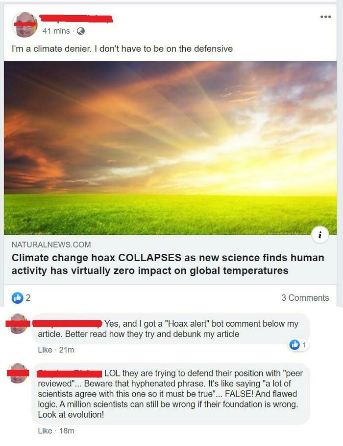 Social media post showing climate change denial and rejection of scientific consensus in an online discussion group.