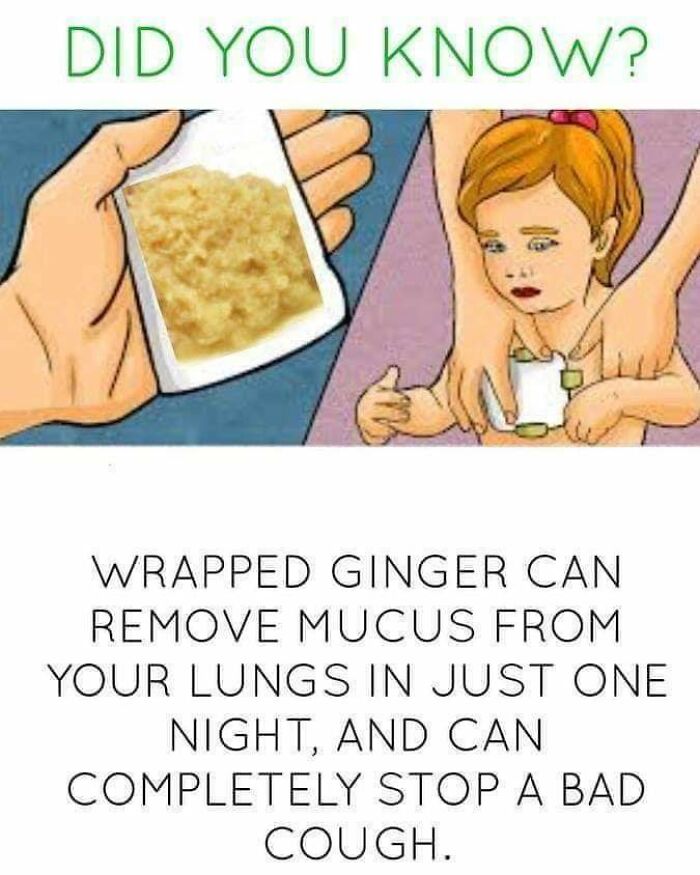 Hand holding wrapped ginger with text claiming it removes lung mucus and stops bad cough, highlighting science misinformation.