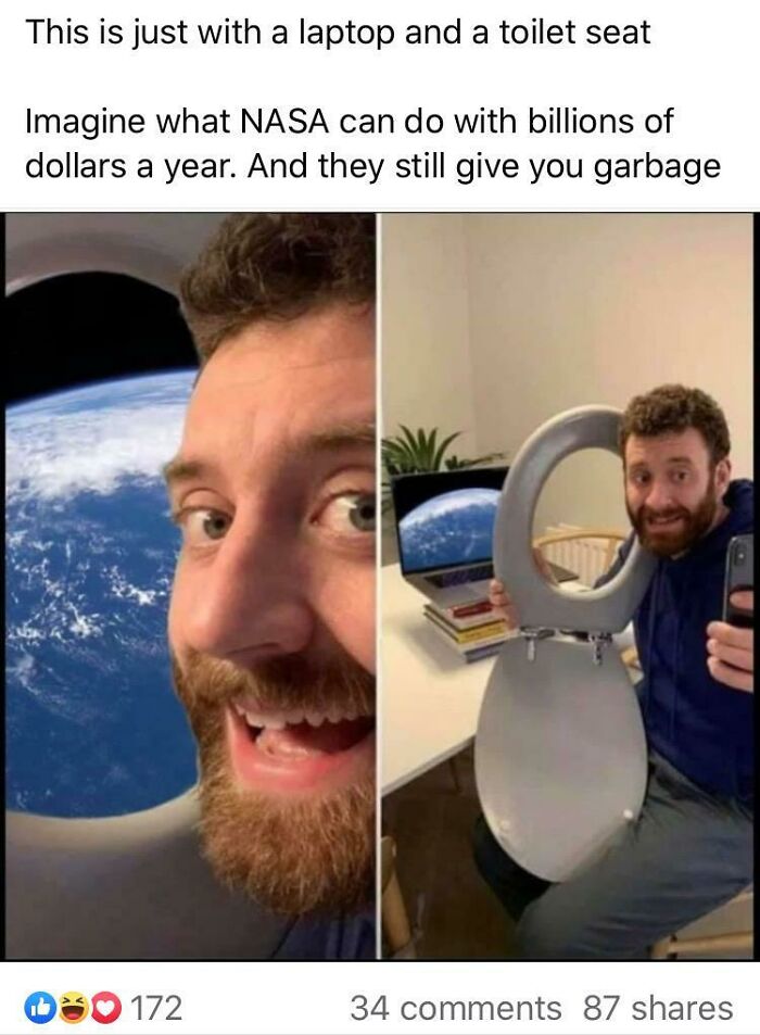 Man humorously uses a laptop and toilet seat to fake space view, highlighting absurdity in science misinformation posts.