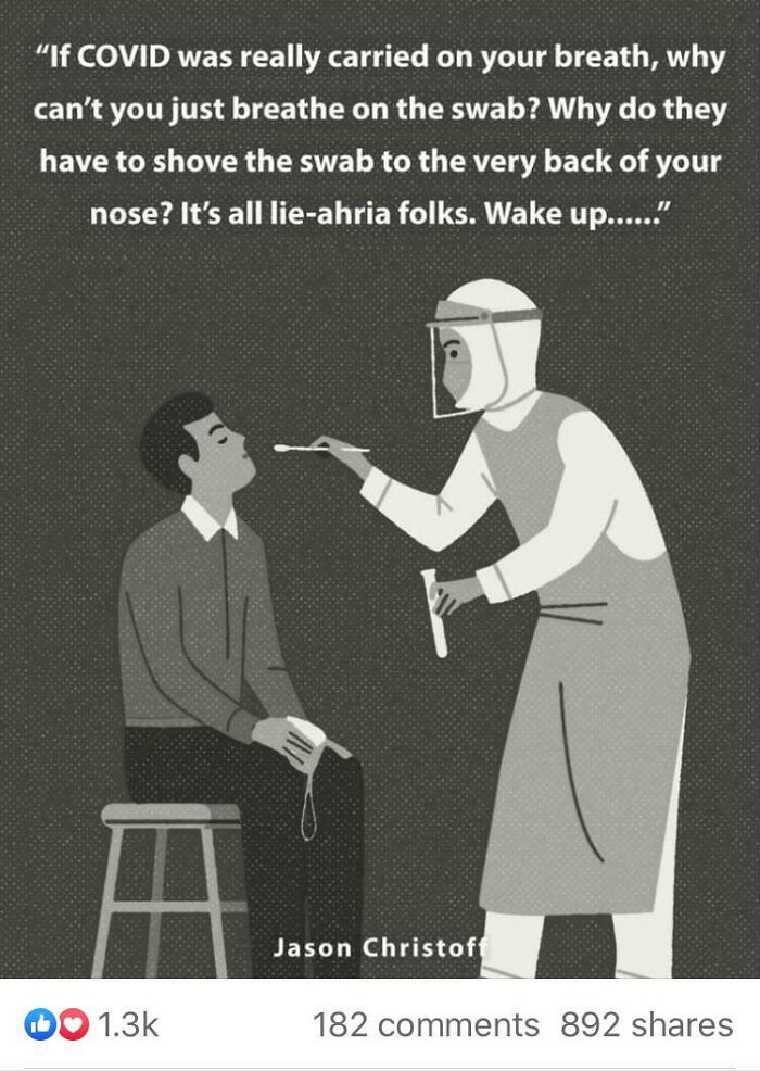 Man sitting for a COVID test with a healthcare worker, illustrating absurd posts from people doubting years of science.