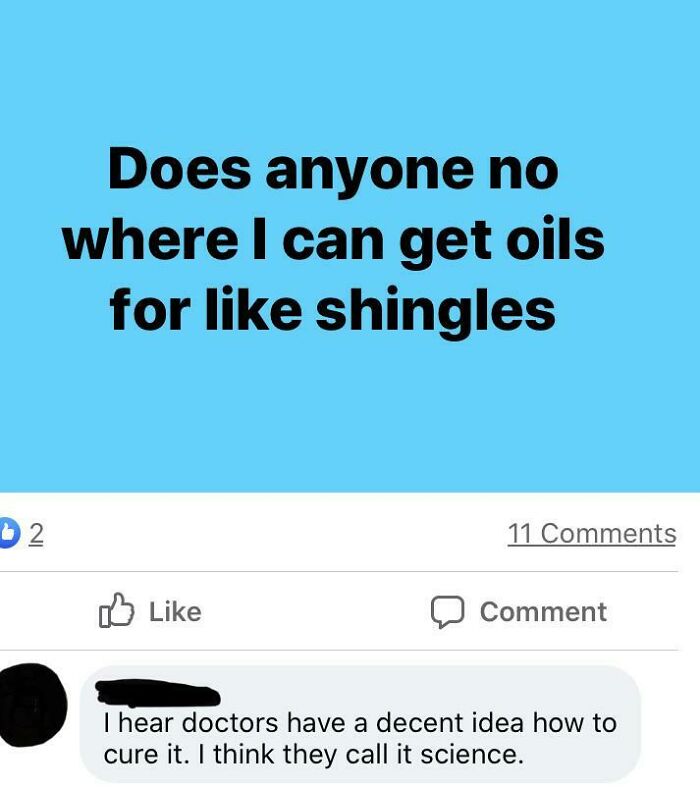 Social media post where a user questions oils for shingles and another comments on doctors and science.