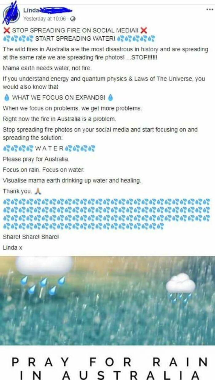 Social media post spreading misinformation about Australian wildfires, calling out people ignoring years of science.