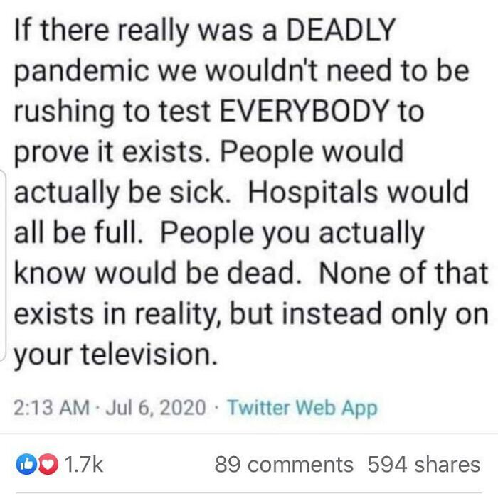 Screenshot of a social media post questioning the existence of a deadly pandemic, calling out science misinformation.