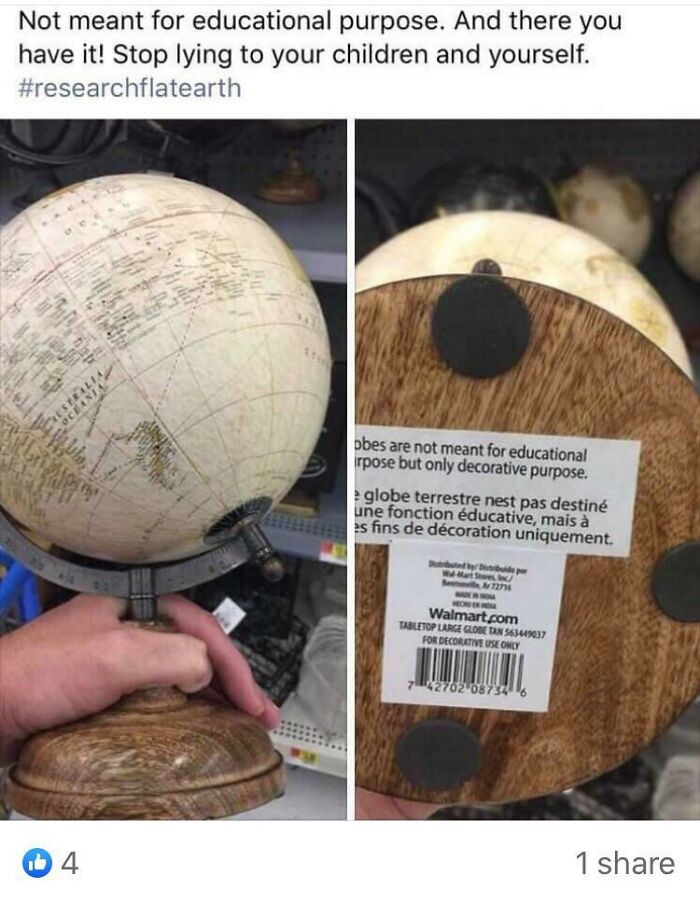 Two images showing a decorative globe with a label stating it is not meant for educational purpose, highlighting science denial posts.