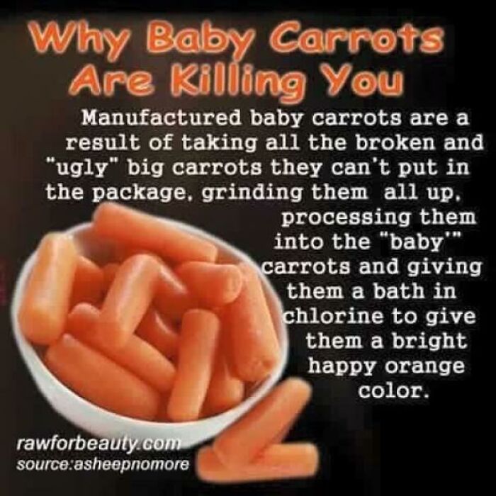 Bowl of baby carrots with text claiming they are processed and soaked in chlorine, illustrating absurd science posts.
