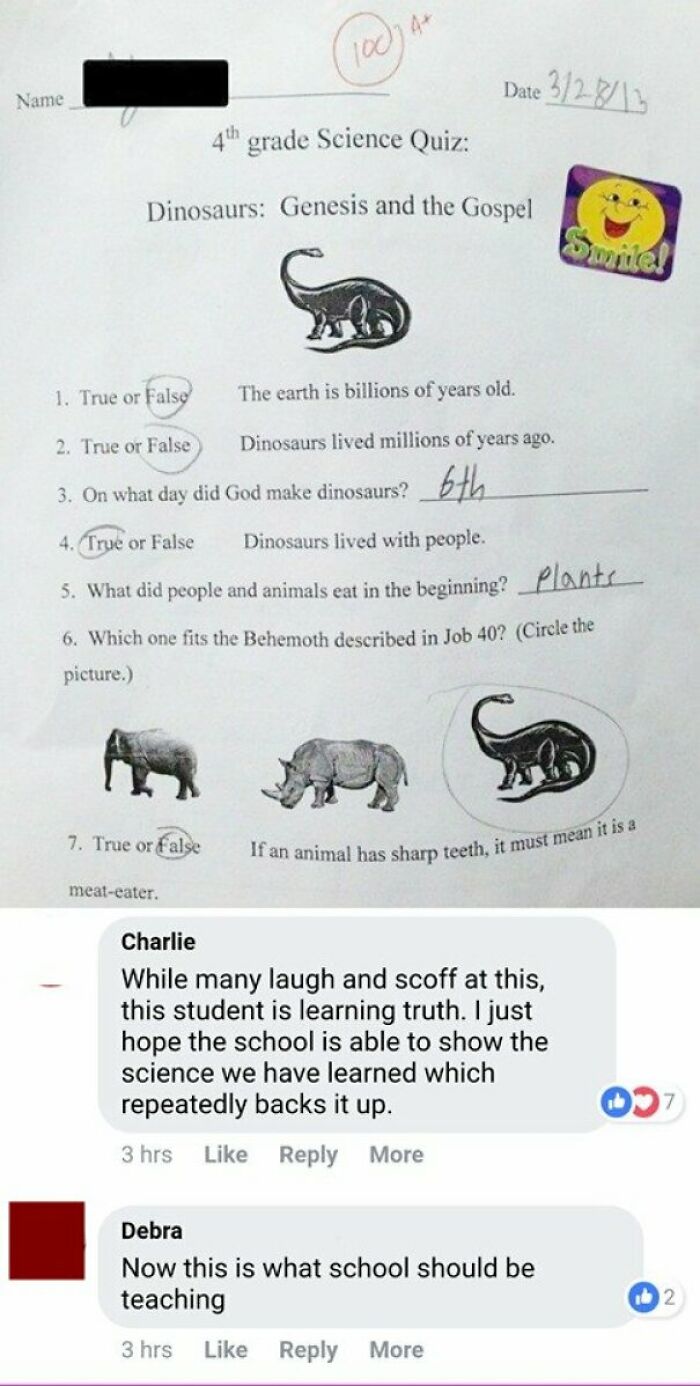 4th grade science quiz with dinosaur questions and social media comments calling out misuse of years of science facts.