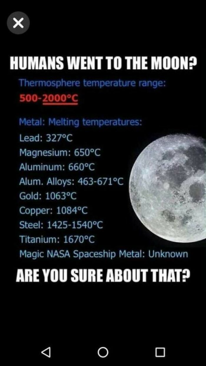 Meme questioning moon landing with thermosphere and metal melting temperatures, highlighting science skepticism posts.