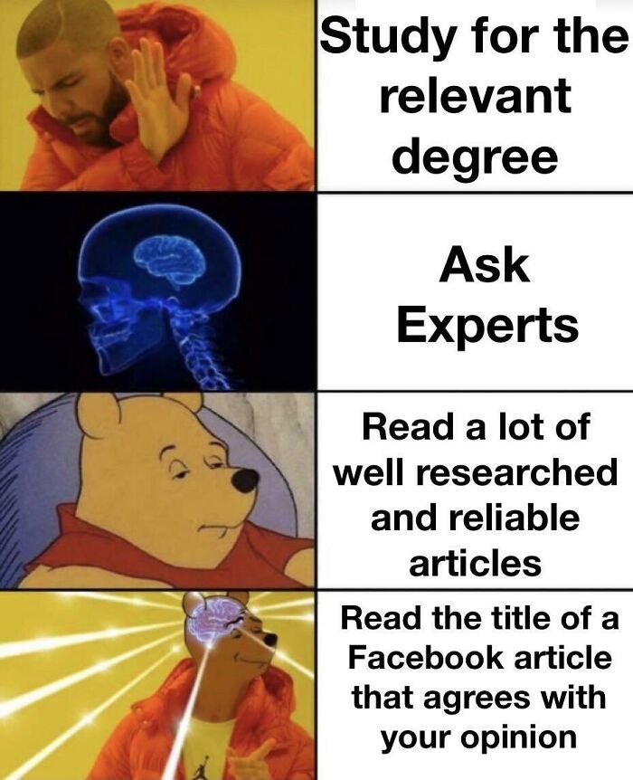 Meme illustrating absurd posts from an online group mocking those who ignore years of science and expert knowledge.