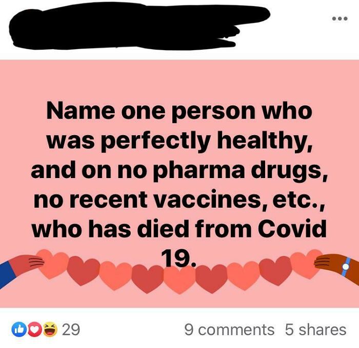 Social media post questioning healthy people without pharma d***s or vaccines dying from COVID-19 in online group.