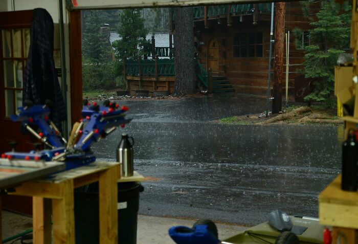 Working In The Print Shop With The Garage Door Open While It Downpours Is Pretty Much My Idea Of Heaven. This Spring Has Been Awesome In Lake Tahoe