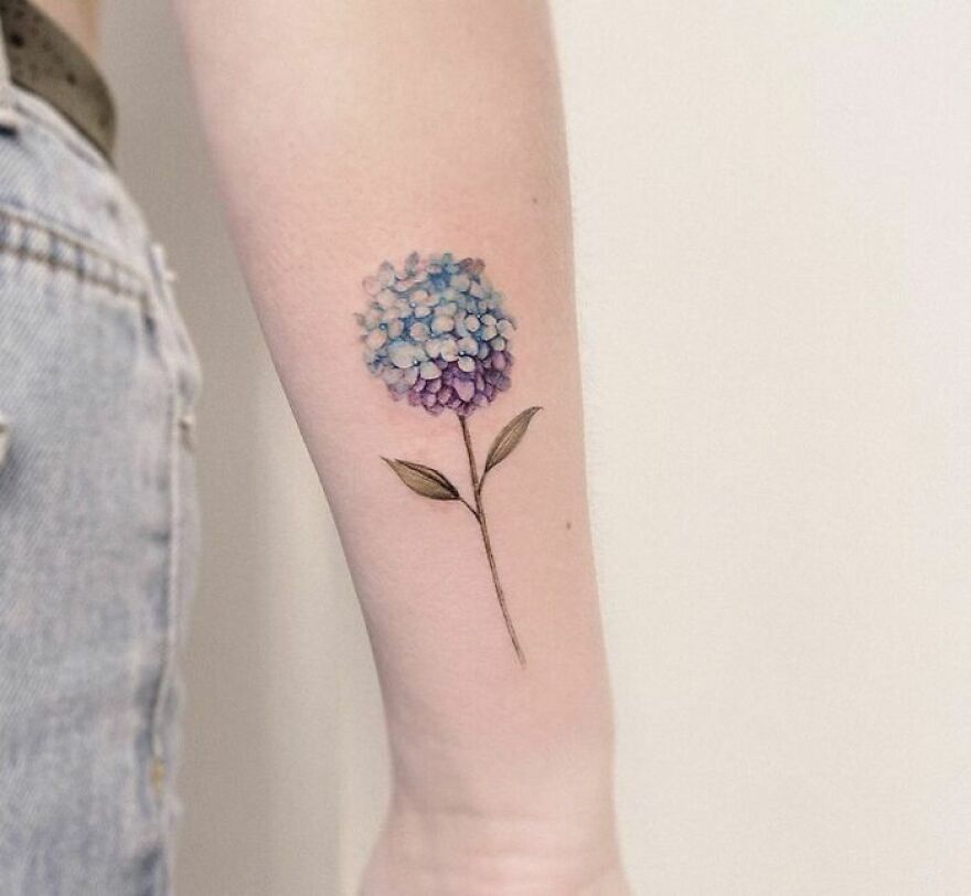 Watercolor tattoo of a blue and purple hydrangea on forearm, showcasing delicate floral art.