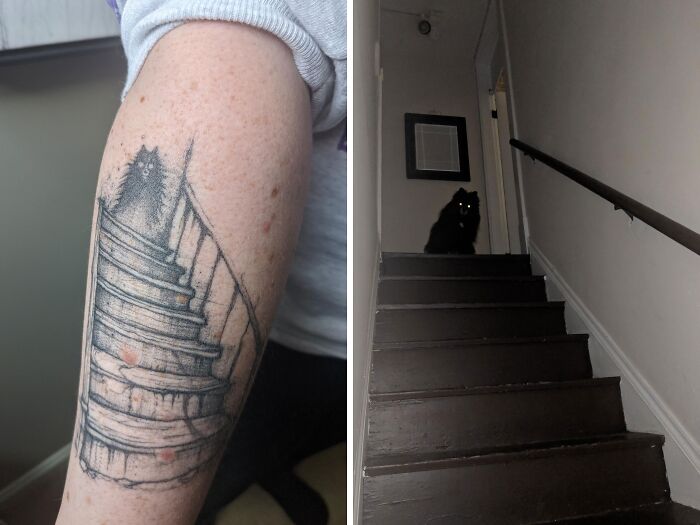 Tattoo of a dog on a staircase, inspired by a real-life pet sitting upstairs.