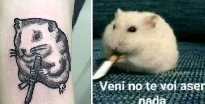 Pet tattoo of a hamster holding a stick on an arm, showcasing artistic celebration of furry friends.