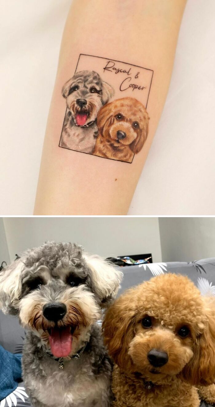 Pet tattoo of two dogs, Rascal and Cooper, on arm, celebrating beautiful furry friends.